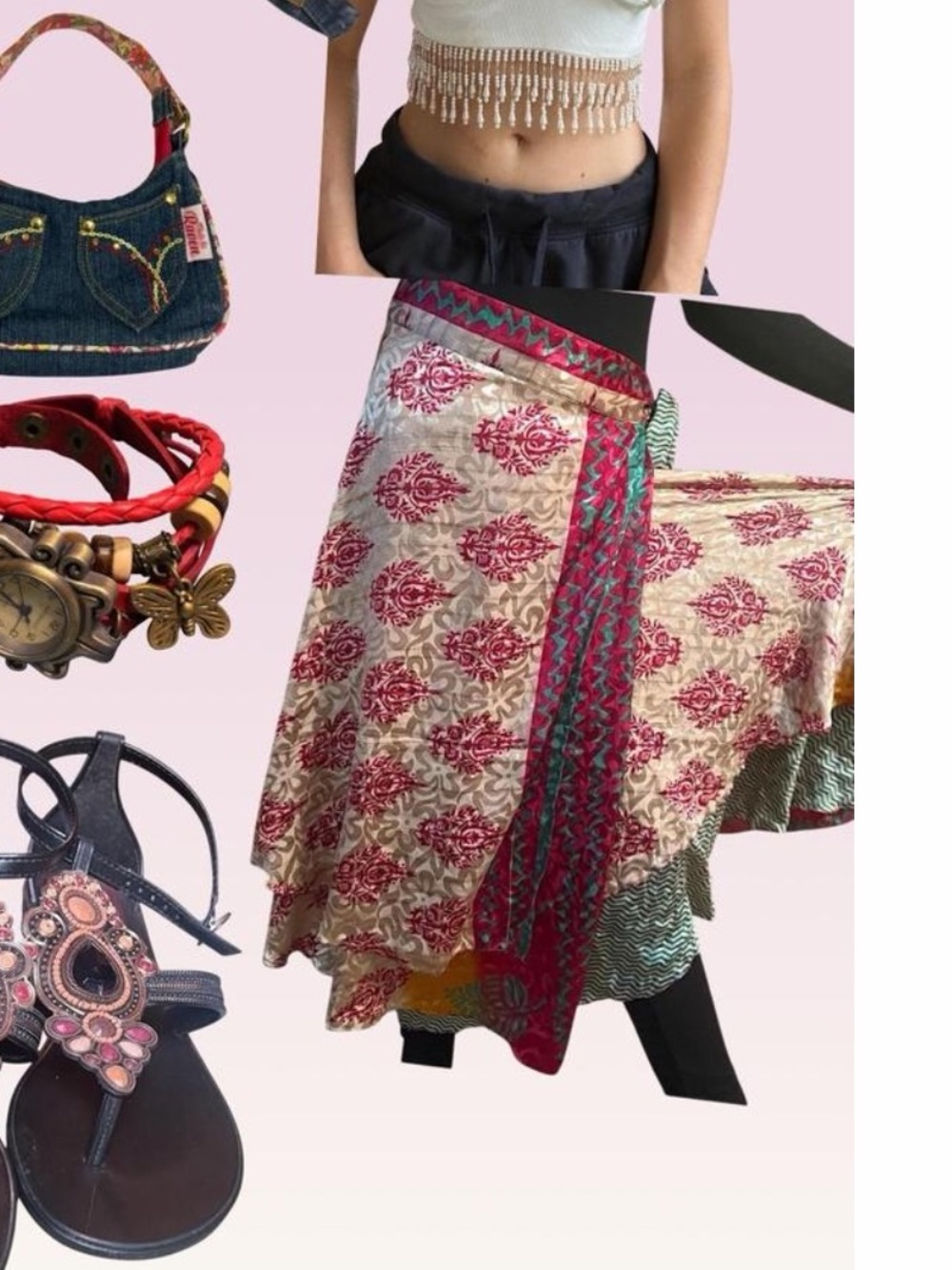 Gypsy silk ren fair Multicolor Women's below knee reversible wrap vintage Skirt